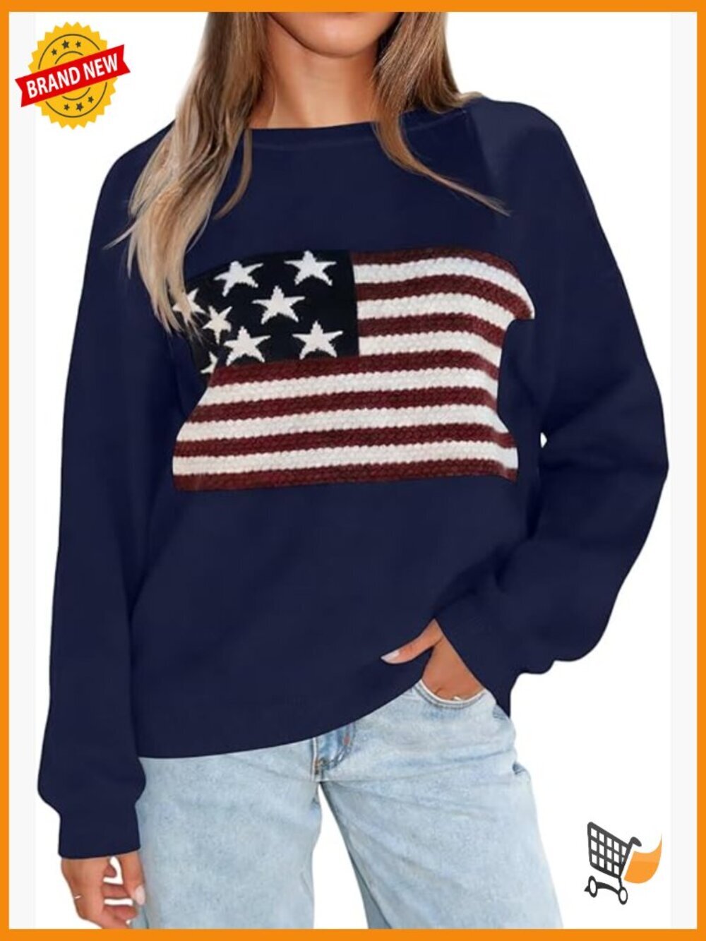Women's American Flag Graphic Sweater Pullover Long Sleeve Crewneck Loose Fit